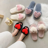 Breakj Slippers Women 2023 Winter New Korean Version Of Love Plush Warm Flat Cotton Slippers Home Slippers