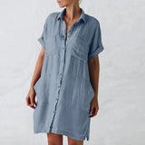 Summer Women New Turn-down Collar Casual Solid Color Shirt Dress Slim Elegant Half Sleeves Buttons Cardigan Pocket