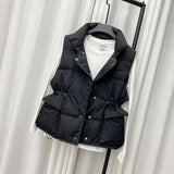 Winter Single Breasted Light Down Short Vest Jacket Women White Duck Down Coat Waist Retractable Pocket Sleeveless