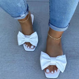 Female Bowknot Slippers Square Toe Fashion Soft PU Flat Leather Women Outside Beach Causal Slides Ladies Shoes Woman