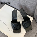 Summer New Design Weave Square Toe Heels High Quality PU Leather Slippers Gladiator Beach Womens Sandal Slides