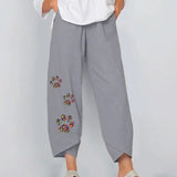 New Floral Print Cotton Linen Pants Fall Summer Loose Irregular Elastic Waist Wide Leg Pant Casual Elegant Pocket