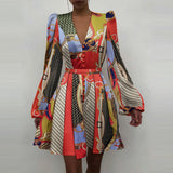 New Women Sexy V Neck Letters Print Fashion Short Dresses Casual Satin Slim Lantern Sleeves Zipper Elegant Party