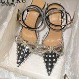 Elegant Crystal Bowknot Women Wedding Shoes Bride High Heels Pumps PVC Transparent Pointed Toe Ankle Strap Sandals