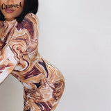 Sexy Skinny Women Long Sleeve Bodycon Aesthetic Print Ruched Party Dress Stretchy Casual Fashion Turtleneck Slim