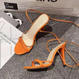 Summer New High-Heeled Sandals Women's Round Head Tied With Thin Heels And Large Size Ladies