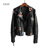 Women Floral Print Embroidery Faux Soft Leather Jacket Coat Turn-down Collar Casual Pu Motorcycle Black Punk