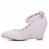 Queen White Flower Wedding Shoes Lace Pearl High Heels Sweet Bride Dress Beading Wedges 8cm Women
