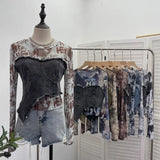 Solid Shooting Tie-Dye Print Spliced Denim T-Shirt Girl Autumn Design Sense Irregular Hair Side Short-Sleeved Top