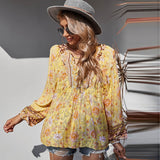 Bohemian Floral Print Blouse Women Bow Tie V Neck Retro Shirt Female Loose Casual Long Sleeve Tunic Tops 2021