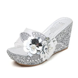 2022 Summer New Wedges Sandals Women Sexy Crystal Transparent High Heels PVC Slippers String Bead Slippers Fashion