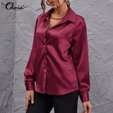 Celmia Women Satin Silk Basic Shirts 2022 Spring Casual Long Sleeve Blouse Elegant Solid Color Lapel Party Tops Fashion