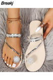Summer Women Beach Slippers Shiny Rhinestone Flower Clip Toe Sandals Outdoor Slip On Casual Flats Flip-Flops Zapatos