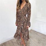 Long Dresses 2021 Women Zebra Print Beach Bohemian Maxi Dress Casual Long Sleeve V Neck Ruffles Party Dress
