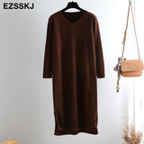 autumn winter sweater long dress elegant knit thick straight dress women loose split side dress casual chic