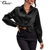 Celmia Women Satin Silk Basic Shirts 2022 Spring Casual Long Sleeve Blouse Elegant Solid Color Lapel Party Tops Fashion