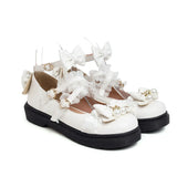 Women Fashion Flat Heel Bow Buckle Strap Platform Round Toe Cosplay Lolita Mary Janes Shoes with Lace Edge and Pearls
