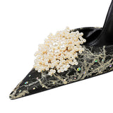 Breakj Banquet High Heel Shallow Mouth Empty A Word With Pointed Diamond Pearl Flower Sandal High