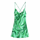 Vintage Chic Green Print Cross Strap Mini Dress Women 2021 Fashion Sexy Backless Draped Party Dresses Female