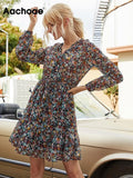 Summer Boho Floral Print Dress Women Lantern Long Sleeve Pleated Dresses V Neck Beach Mini Dress Female Roupa