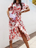 Summer Short Sleeve Belted Women Long Dress Lady Fashion Floral Print Boho Dress New Wrap V Neck Ruffle Irregular Party