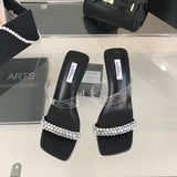 New Summer Square Head Open Toe Thin With Rhinestone High Heel Solid Color Women's Sandals Spot