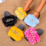Women Slippers Furry Fluffy Flip Flops Women Sandals Gold Chain Fur Slides Ladies Slippers Plus Size Shoes