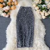 Women Sequins Pencil Skirts Korean Elegant Mid Length Bodycon Jupe Spring Sexy Femme Trend High Waist Slim Shinny