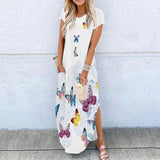 Summer New Fashion Striped Strapless Dress Loose Round Neck Short Sleeve Long Dress Casual Elegant Moon Star Printing