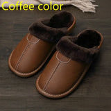 Leather Slippers Winter PU Leather Slippers Warm Indoor Slipper Soft Waterproof Home House Shoes Men Warm Leather