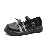 Shoes Women Flats Mary Janes Patent Leather Shoes Flower Lace Ruffle Round Toe Black Girls Retro Cosplay Kawaii