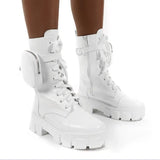 Pocket Boot Lace Up Ladies Ankle Boots Female Buckle Strap blue Chunky Sole Pouch Ankle Boots Woman Platform Shoe