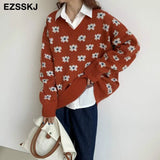 blue floral Sweater Pullovers Women winter autumn thick v-neck chic 2021 sweater long sleeve sweater