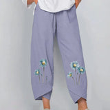 New Floral Print Cotton Linen Pants Fall Summer Loose Irregular Elastic Waist Wide Leg Pant Casual Elegant Pocket