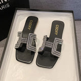 Breakj Version Of The Diamond One Type Flat Bottom Slippers Female Flat Slippers Square Head One Foot Pedal Home