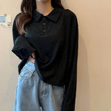 Casual Polo T Shirt Women Long Sleeve Solid Tops Streetwear Turn Dwon Collar Loose Tees Korean Style Tshirt