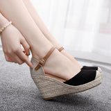 Breakj Cm Baotou Water Table Slope Heli Shoes Hemp Rope Grass Mat Weaving High Heel Sandals Mary Jane Large-Size Thick-Soled