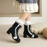 2021 Sweet Ankle Boots Lolita Platforms Lace Up Side Zipper Vintage Princess Cosplay Shoes with Cute Bow Pendant