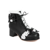 Chunky High Heel Lolita Shoes Butterfly-knot Cloth Plush Inner Women Cosplay Princess Ankle Boots Winter Autumn Pink White