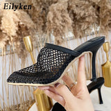 2022 New Hollow Breathable Mesh Woman Thin High Heels Slippers Summer Vintage Square Toe Mules Femme Shoes Pumps