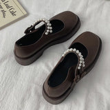 Brown Pearls Strap Mary Jane Shoes Women 2022 Vintage Round Toe Platform Shoes Woman Double Buckle Lolita Shoes