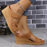 Breakj Size Slope Heel Slippers Female 2024 Summer New Velcro Hollow Casual Slippers Female