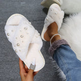 2024 New Flat-Bottomed Pearl Cross Wool Slippers Woman Candy Colored Cotton Slippers