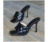 NEW Sexy PU Diamond Square Head Peep Toe High Heel Sandals Summer Fashion Slip On Thin Heels Slides Women Mules