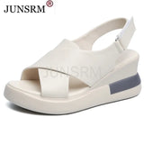 Black Genuine Leather Wedges Sandals For Women High Heels Platform Sandals Summer Casual Shoes