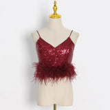 Sexy Solid Tank Tops For Women V Neck Sleeveless Patchwork Feathers Camis Female Summer Fashion Clothing Style