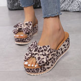Breakj Bow Thick Bottom Slippers Female Leopard Print Cloth One-Line Shaped Wedge Sandals