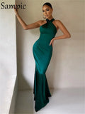 Long Dress For Women Sexy Party Club Clothing Wrap Sleeveless Halter Backless Satin Dress 2021 Winter Green Bodycon