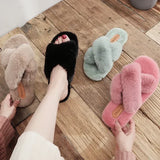 Women Warm Fluffy Slippers Cozy Faux Fur Cross Indoor Floor Slides Flat Soft Furry Ladies Cotton Slippers Flip