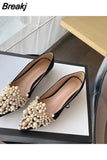 Crown Pearl Flats Women Wedding Shoes Pointed Toe Female Dress Moccasins Low Pearl Heel Ladies Fashion Luxury Style